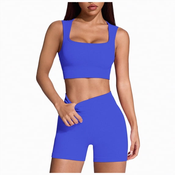 mgoYE Womens Workout Sets Workout Sets for Women 2 Piece Seamless Ribbed Crop Tank High Waist Shorts Yoga Outfits(Blue,L)