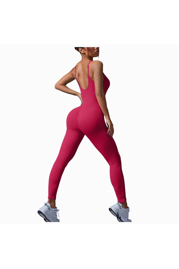 Workout Jumpsuits for Women Women Strappy Backless One Piece Jumpsuits Tummy Control Workout Rompers(Red,M)