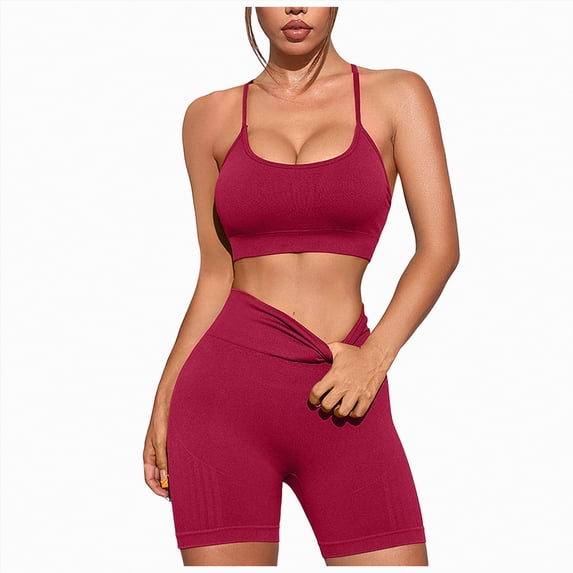 mgoYE Workout Sets for Women Women Workout Sets 2 Piece Outfits Tank Tops Tummy Control Shorts Yoga Gym Active Wear Clothing Set(Red,S)