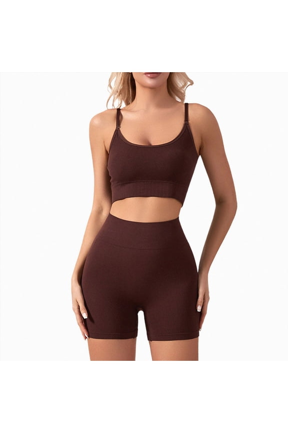 Yoga Sets for Women 2 Piece Workout Sets for Women Seamless Ribbed High Waist Yoga shorts with Sports Bra Outfits Nylon,Spandex|1.Coffee M