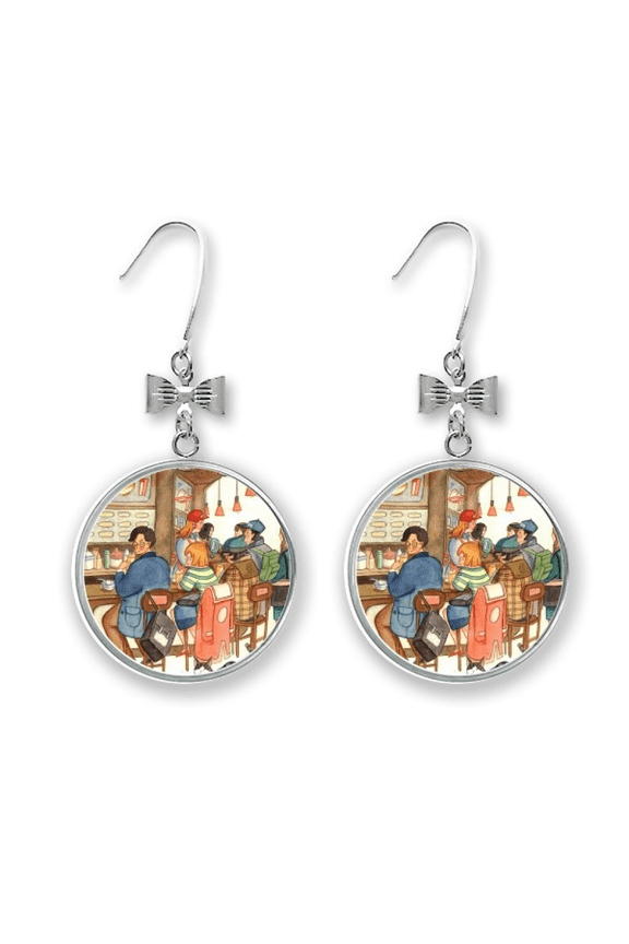 miaoji painting cat restaurant catch rat bow earrings drop stud pierced hook