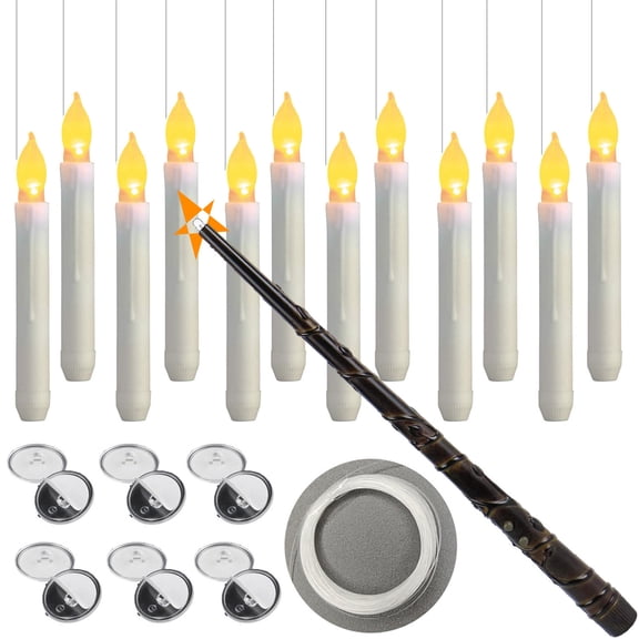 miaomiaoke Floating Candles with Wand, Halloween Decorations 12 Pcs Floating Candles with Hook, Line Wand Remote, Flickering Warm Light Flameless Hanging Candle Battery Operated Window Led Candles