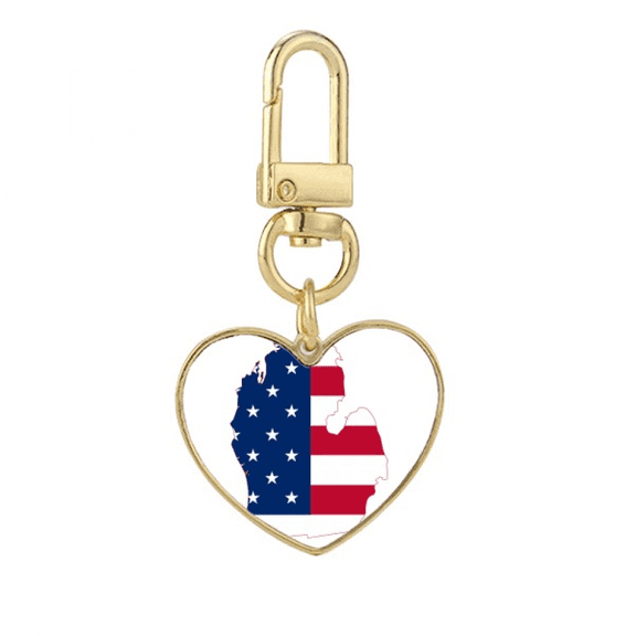 michigan ameusa map stars tripes flag gold heart keychain metal keyring holder