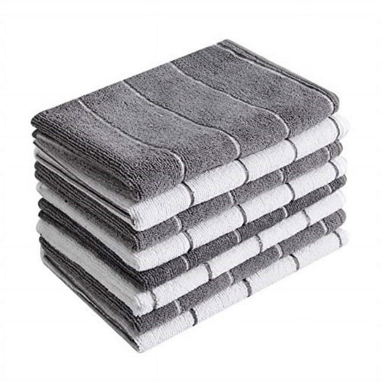 Microfiber Kitchen Towels - Super Absorbent Soft and Solid Color Dish Towels 8 Pack (Stripe Designed Grey and White Colors) 26 x 18 inch