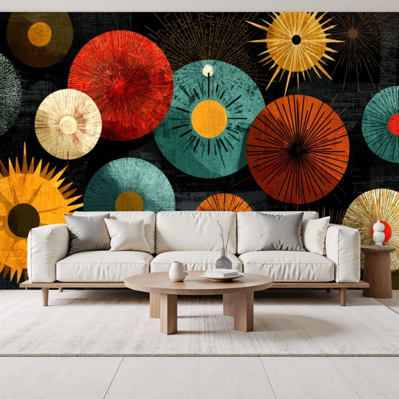 mid century modern teal Abstract Art Retro Vibrant Colors Black Peel and Stick Wall Murals 69"H x 96"W Removable PVC Wallpaper Self-Adhesive Wall Paintings for Bedroom Living Room