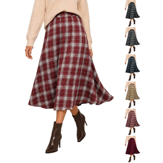 midi skirt Zaewscy Women's Classic Plaid Elastic Waist A‑Line Midi Skirt, Casual Flowy Swing Mid‑Length Skirt Wine XXL