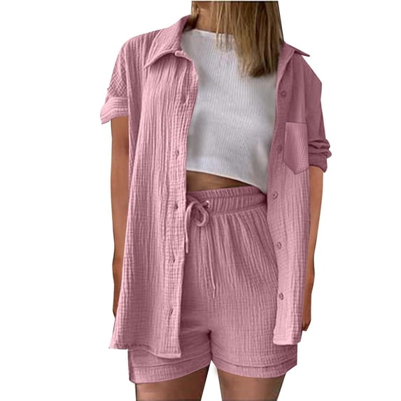 mihongmao 2 Piece Lounge Set Women Airport Travel Outfit Women's Summer Two Piece Neck Long Sleeve Shirt High Waist Drawstring Large Shorts Casual Set Pink L