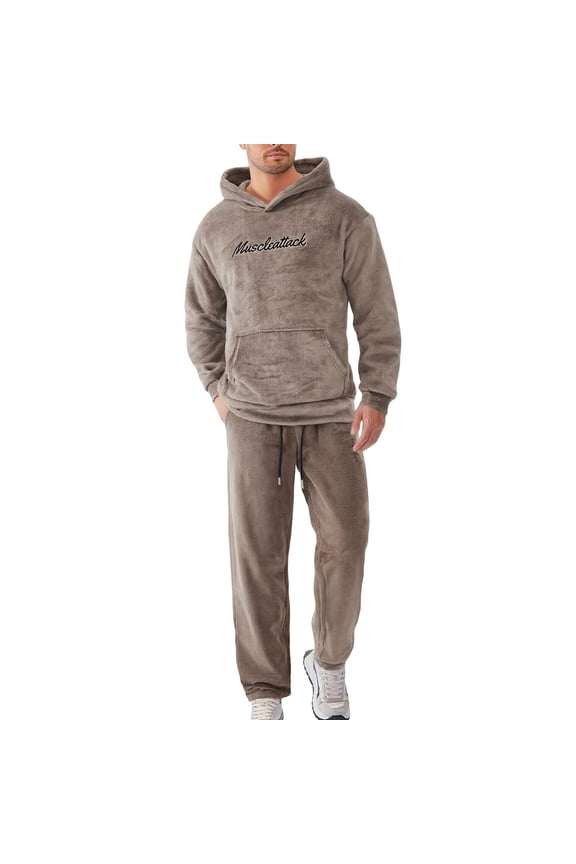 2 Piece Sets for Men Spring Men's Plushsuit Long Pants Casual Home Clothes Thick Embroidered Letter Hoodie Long Pants Two-piece Set Long Sleeved Hooded Casual Jacket/jacket Set Khaki S