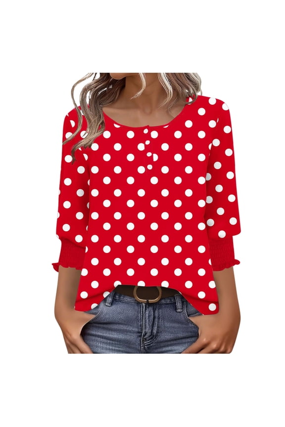 2025 Black * Friday and Cyber * Monday Ladies' Fashionable Striped And Printed Button-up T-shirt 3/4 Length Three-quarter Sleeve Round Neck Top/shirt Red XXL