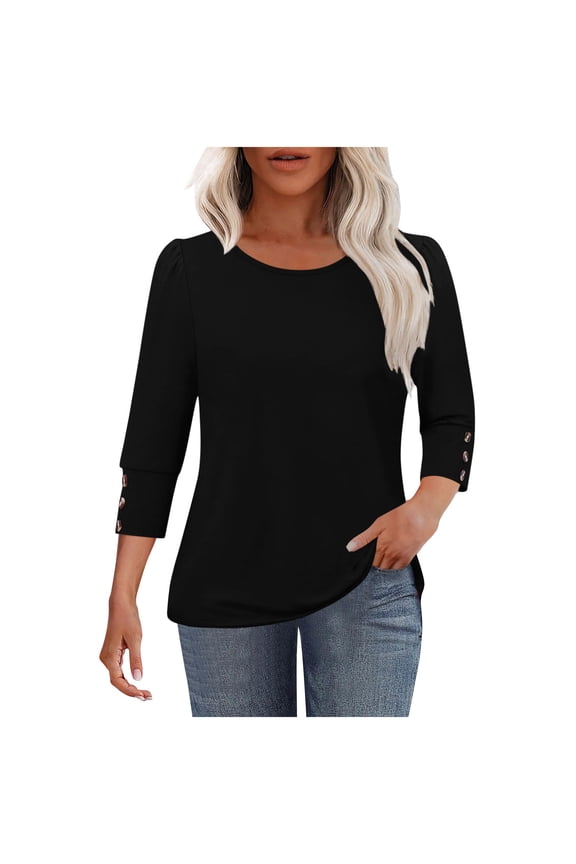 2025 Black * Friday and Cyber * Monday Women' Fashionable Solid Color Round Neck With Three-quarter Sleeves And Loose 3/4 Sleeves T-shirt Black XL
