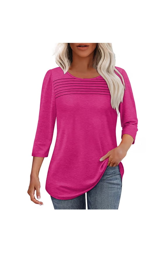 2025 Black * Friday and Cyber * Monday Women' Fashionable Solid Color Round Neck With Three-quarter Sleeves And Loose 3/4 Sleeves T-shirt Hot Pink L