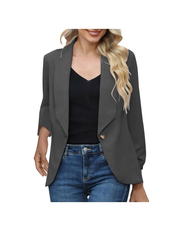 2025 Black * Friday and Cyber * Monday Women's Solid Color Long Sleeved Lapel Suit Jacket Long Sleeved Small Suit Temperament Slim Top Jacket Gray L