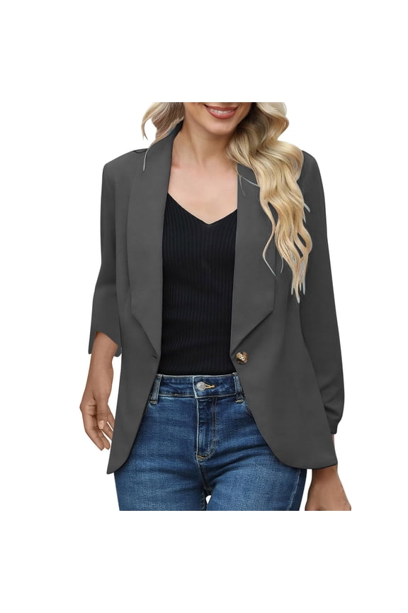 2025 Black * Friday and Cyber * Monday Women's Solid Color Long Sleeved Lapel Suit Jacket Long Sleeved Small Suit Temperament Slim Top Jacket Gray L