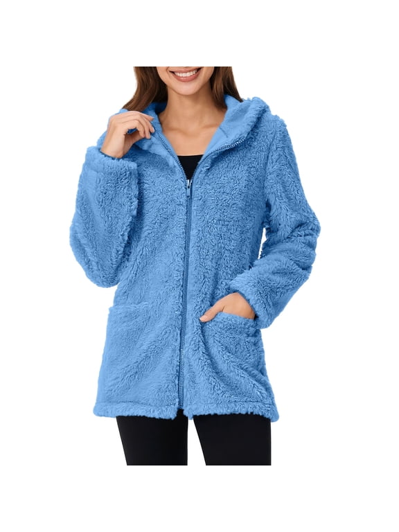 2025 Black * Friday and Cyber * Monday Fashion Womens Warm Faux Coat Jacket Winter Zipper Solid Long Sleeve Outerwear Blue L