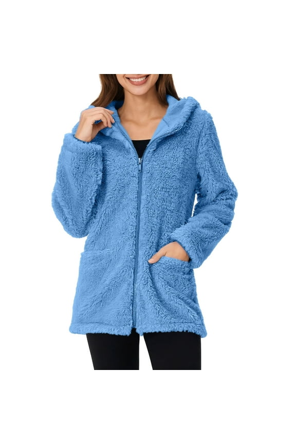 2025 Black * Friday and Cyber * Monday Fashion Womens Warm Faux Coat Jacket Winter Zipper Solid Long Sleeve Outerwear Blue S