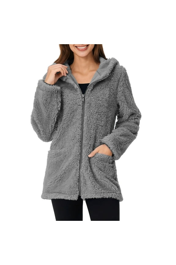 2025 Black * Friday and Cyber * Monday Fashion Womens Warm Faux Coat Jacket Winter Zipper Solid Long Sleeve Outerwear Dark Gray L