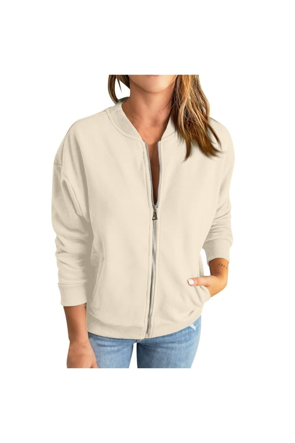 2025 Black * Friday and Cyber * Monday Women's Casual Loose Fashion Color Pocket Zippered Jacket Long Sleeve Coat Beige XXL