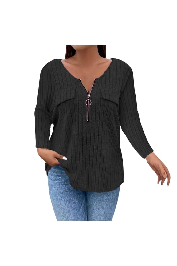 2025 Black * Friday and Cyber * Monday Women‘s Casual Oversize Solid Color V-Neck Pullover Long Sleeved Blouse Shirts Black XXL