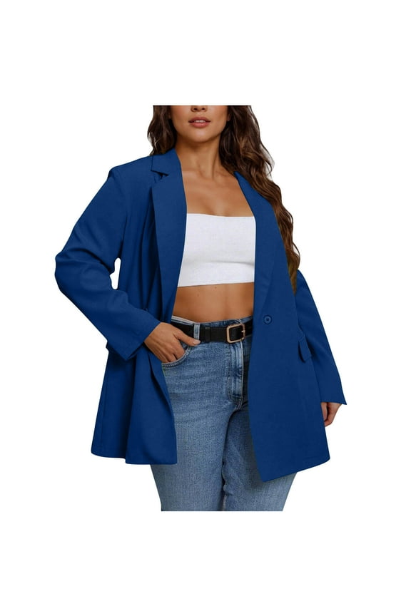 2025 Black * Friday and Cyber * Monday Women's Fashion Solid Pocket Button Suit Coat Long Sleeve Pocket Casual Coat/Jacket Blue S