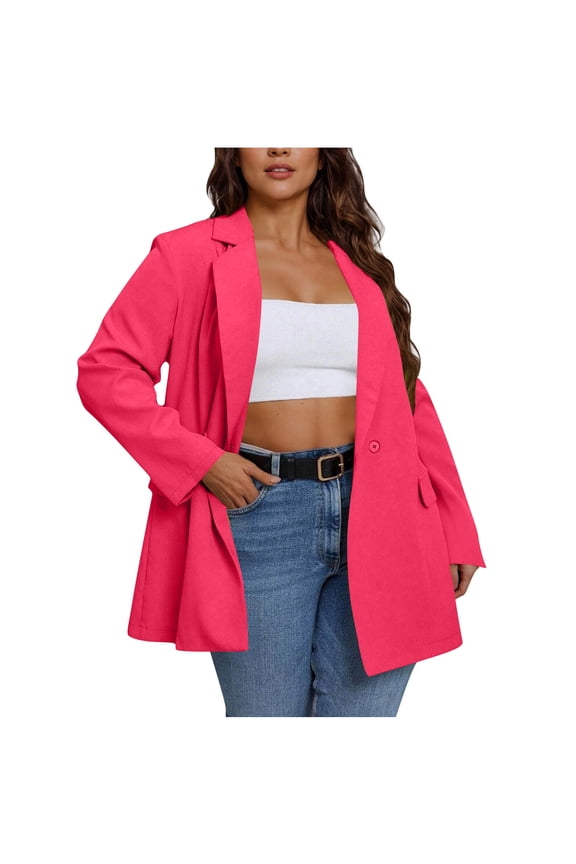 2025 Black * Friday and Cyber * Monday Women's Fashion Solid Pocket Button Suit Coat Long Sleeve Pocket Casual Coat/Jacket Hot Pink S