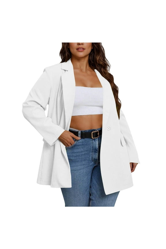2025 Black * Friday and Cyber * Monday Women's Fashion Solid Pocket Button Suit Coat Long Sleeve Pocket Casual Coat/Jacket White S