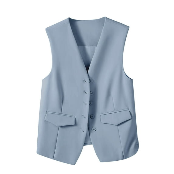 mihongmao 2025 Black * Friday and Cyber * Monday Women's Solid Color Buttons Pockets Sleeveless Waistcoat Top Blazer Suit Coat Blue XL