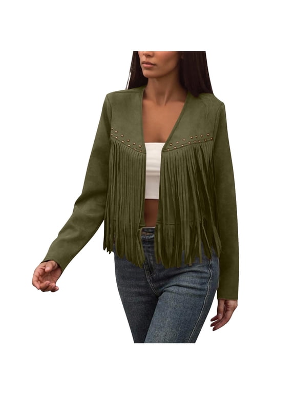 2025 Black * Friday and Cyber * Monday Women's Solid Color Long Sleeves Deer Velvet Tassel Jacket Tops Army Green S