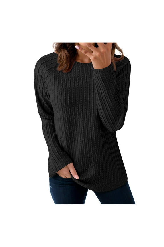 2025 Black * Friday and Cyber * Monday Womens Solid Color Casual Long Sleeved Round Neck Top Long Sleeved Round Neck Top Black XXL