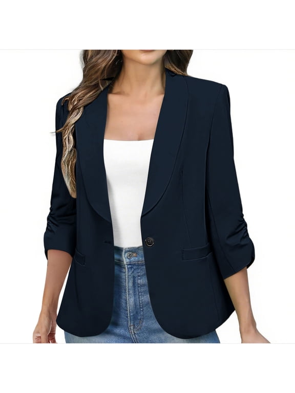 2025 Cyber_Monday Clearance and Black_Friday Clearance Solid Blazers for Women Business Casual 3/4 Sleeve Lapel Open Front Suit Jacket Work Blazer with Pockets Navy L