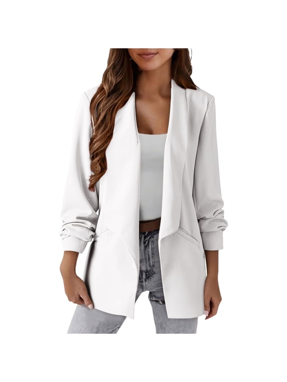 2025 Cyber_Monday Clearance and Black_Friday Clearance Solid Blazers for Women Business Casual Long Sleeve Lapel Open Front Suit Jacket Work Blazer with Pockets White M