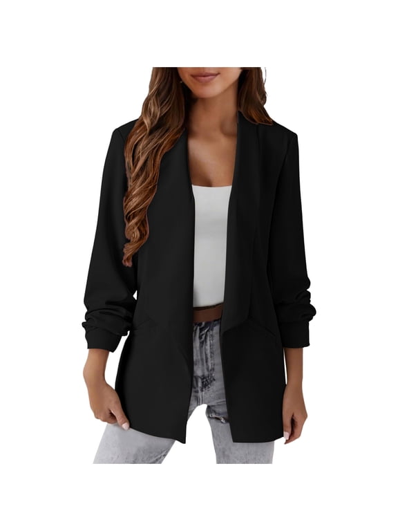 2025 Cyber_Monday Clearance and Black_Friday Clearance Solid Blazers for Women Business Casual Long Sleeve Lapel Open Front Suit Jacket Work Blazer with Pockets Black M