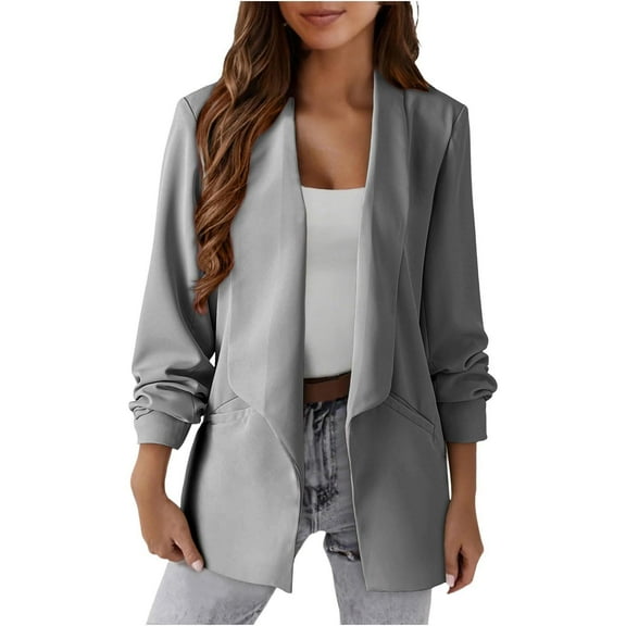 mihongmao 2025 Cyber_Monday Clearance and Black_Friday Clearance Solid Blazers for Women Business Casual Long Sleeve Lapel Open Front Suit Jacket Work Blazer with Pockets Gray XXL