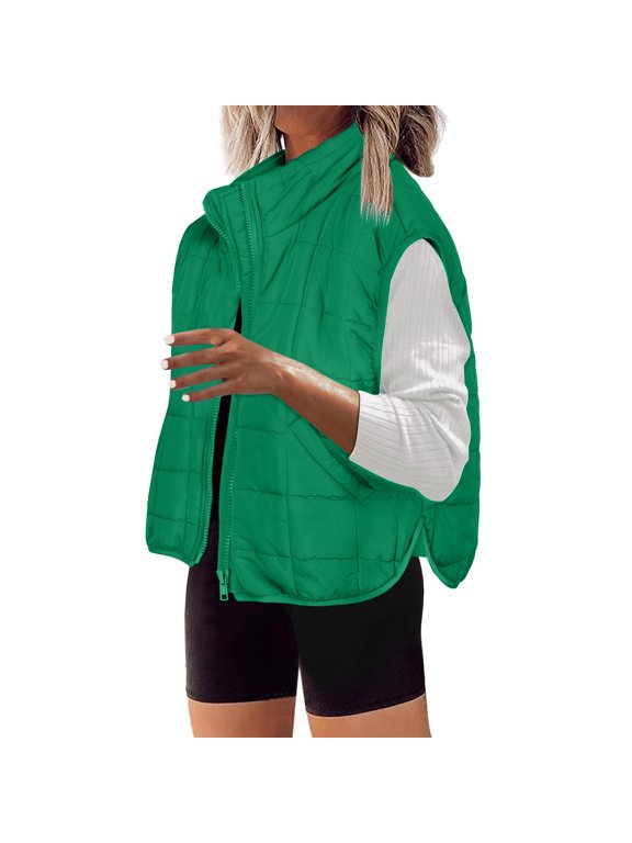 2025 Cyber_Monday Clearance and Black_Friday Clearance Womens Puffer Ladies Sleeveless Zip Up Outerwear Warm Puffer Lightweight Down All Winter Jackets Coats Green L