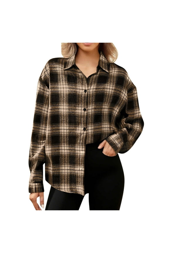 2026 Cyber_Monday and Black_Friday Woman Long Sleeve Open Front Loose Outerwear Printing Blouse Coat Blouse Khaki XL