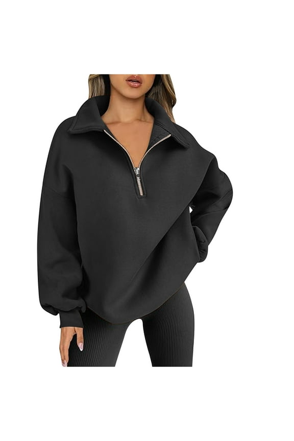 3/4 Length Sleeve Womens Tops Women Oversized Sweatshirts Quarter Half Zip Hoodies Long Sleeve Pullover Tops Fall Teen Girl Trendy Clothes,Tops for Women Black XL