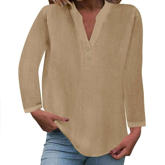 mihongmao 3/4 Sleeve Tops for Women Women's Tops Fashion Solid Button Shirt Female V-Neck Loose T-Shirt Blouse,Tops for Women Khaki XL