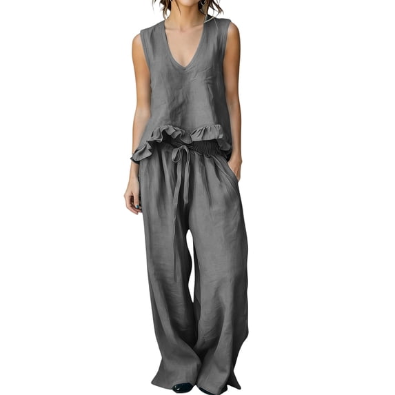 mihongmao 80s Outfit for Ladies Date Night Sets Women's Casual Summer Beach Loose Two Piece Outfit Sleeveless V Neck Ruffle Top Wide Leg Pants Set Gray XL