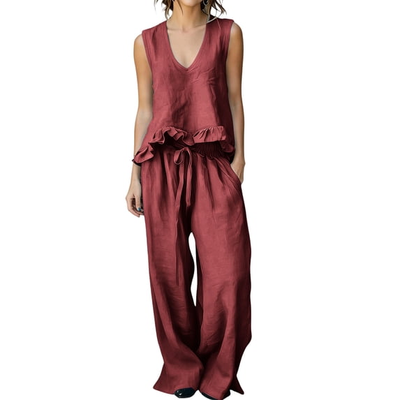 mihongmao 80s Outfit for Ladies Date Night Sets Women's Casual Summer Beach Loose Two Piece Outfit Sleeveless V Neck Ruffle Top Wide Leg Pants Set Wine M