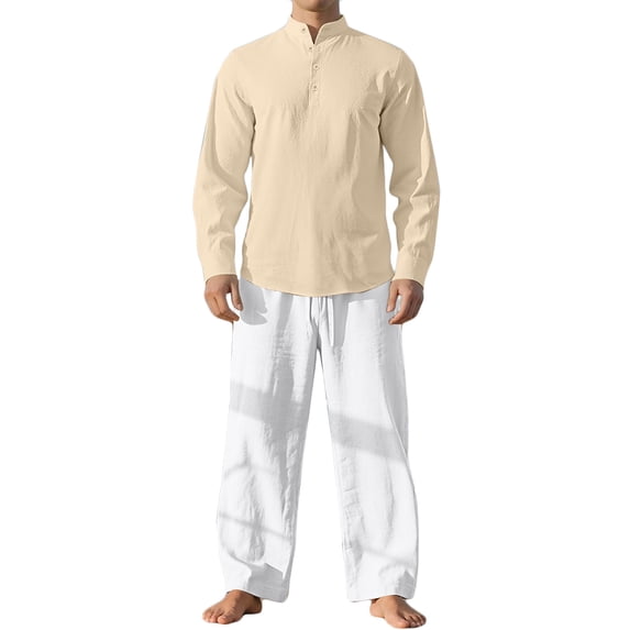 mihongmao Airport Travel Outfit Men Casual Pullover Round Neck Sports Print Long Sleeve Trousers Two-Piece Elastic Waist Tracksuit Khaki S