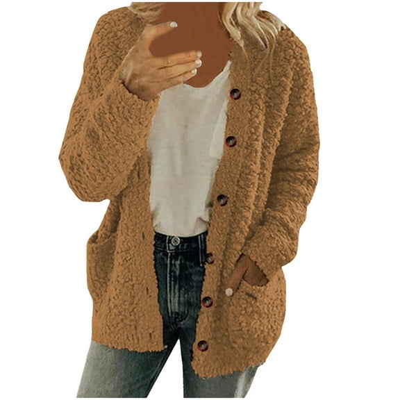 mihongmao Black_Friday Clearance 2025 Women Casual Plus Size Sweater Pockets Outerwear Buttons Cardigan Coat Coffee XXXL