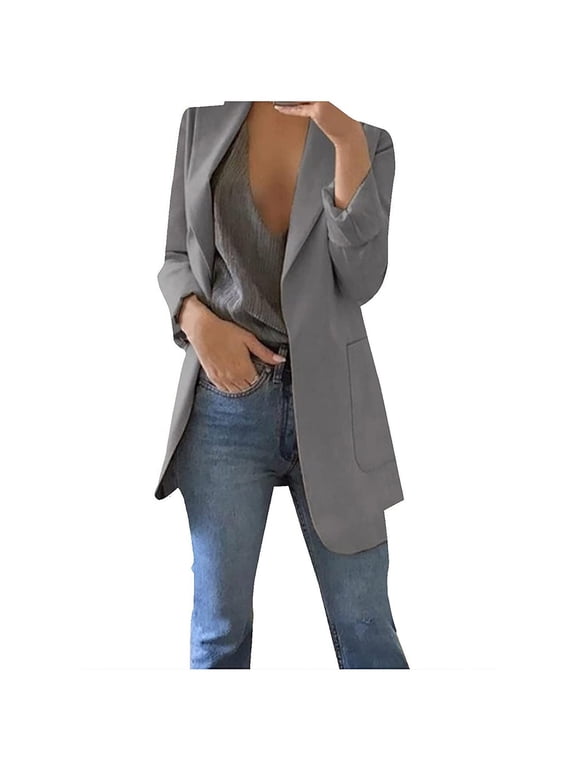 Black_Friday Clearance 2025 Women Solid Long Sleeve Office Coat Cardigans Suit Long Jacket Tops Gray XXL