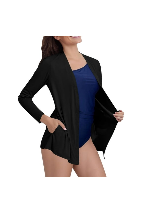 Black_Friday Clearance 2025 Women's Solid UPF 50+ Cardigan Sun Shirts Long Sleeve Sun Wrap with Pockets Ice Silk Sunscreen Jacket Black S