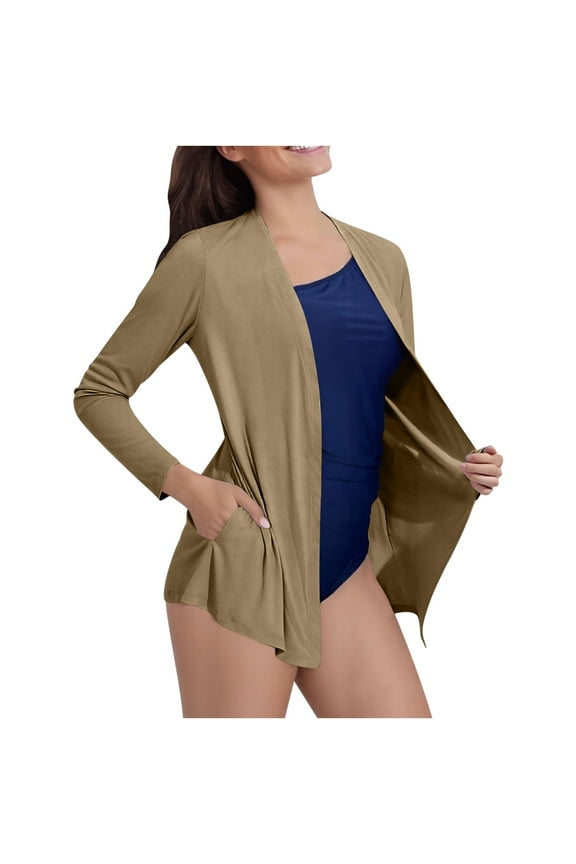 Black_Friday Clearance 2025 Women's Solid UPF 50+ Cardigan Sun Shirts Long Sleeve Sun Wrap with Pockets Ice Silk Sunscreen Jacket Brown M