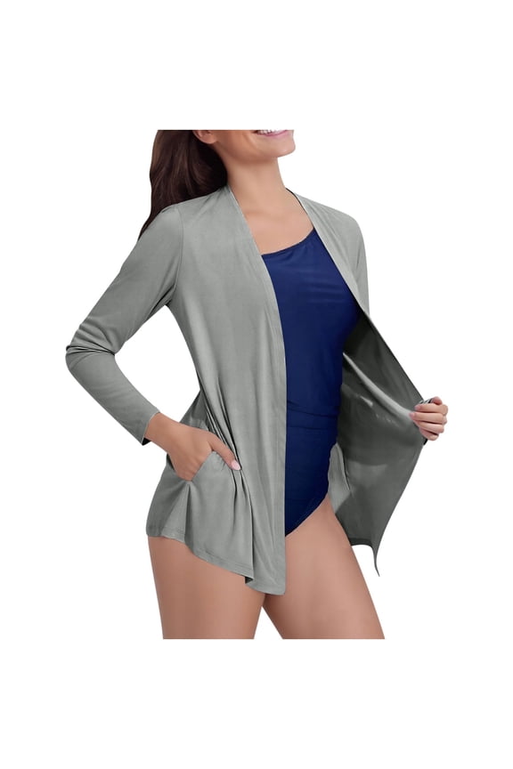 Black_Friday Clearance 2025 Women's Solid UPF 50+ Cardigan Sun Shirts Long Sleeve Sun Wrap with Pockets Ice Silk Sunscreen Jacket Gray S