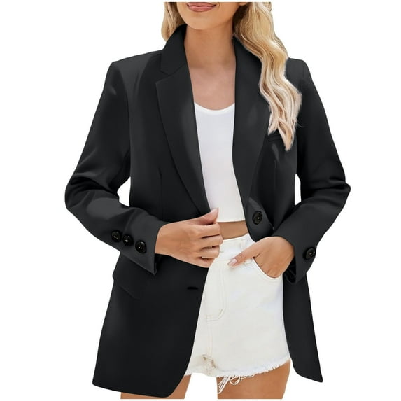 mihongmao Black * Friday Clearance Women's Solid Color Button Pocket Long Sleeved Turndown Collar Suit Jacket Black M