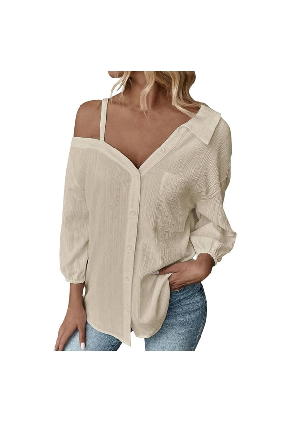 Black * Friday Clearance Women's Spring And Summer Collared Quarter Sleeved Off Shoulder Cardigan With Textured Pattern Shirt Beige XL