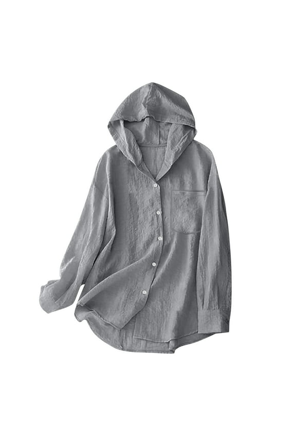 Black_Friday,Cyber/Monday Clearance Women's Fashionable Hooded Pocket Sunscreen Suit Long Sleeved Linen Air-conditioned Shirt Top Jacket Gray XXL