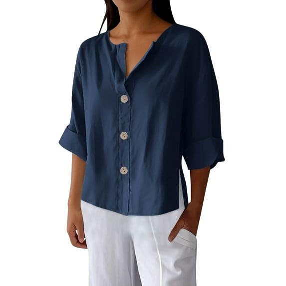 mihongmao Black_Friday,Cyber/Monday Women's Solid Color V-neck Three Quarter Sleeve 3/4 Loose And Linen With Decorative Buttons Navy L