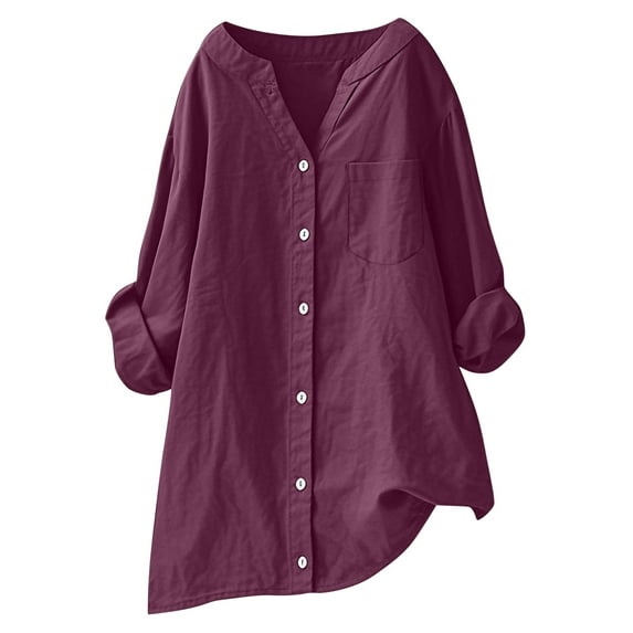 mihongmao Black_Friday,Cyber/Monday Women's V-Neck Long Sleeve Loose Button and Linen Tunic Summer Blouse with Pocket Wine M