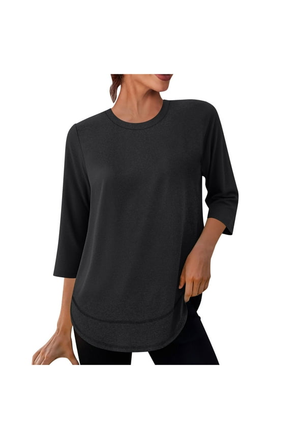 Black_Friday,Cyber/Monday Womens Workout Tops 3/4 Sleeve V Neck Shirts with Sun Protection Trendy Spring Summer Tees Tunic Blouses Black XXL